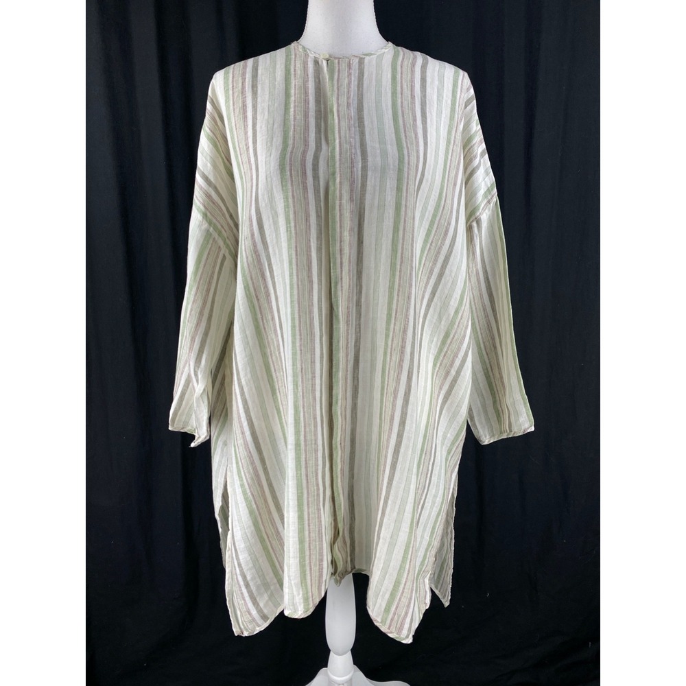 Eskandar Womens 0 Linen Striped Lagenlook Tunic Button Front Blouse Oversized